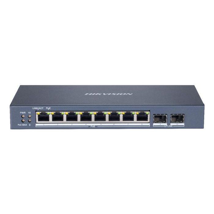 Hikvision Switch PoE Smart Gestionable 8 Puertos Gigabit Ethernet + 2 SFP Fibra Óptica, IEEE 802.3at/af, Extensor 300m, PoE Watchdog
