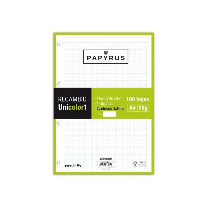 Recambio Papyrus Unicolor1 A4 100H 90G 4 Taladros Cuad.5X5 Lima 24 unidades