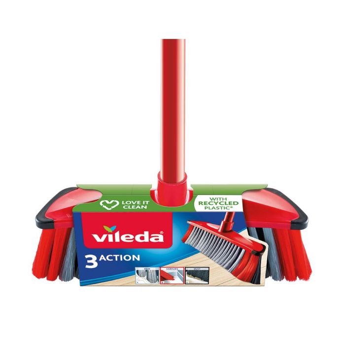 Vileda Universal 3 en 1 antichoque Cepillo Escoba 3 Action con Palo Multiusos, Cerdas para Polvo Fino, Pelos y Esquinas, Rojo