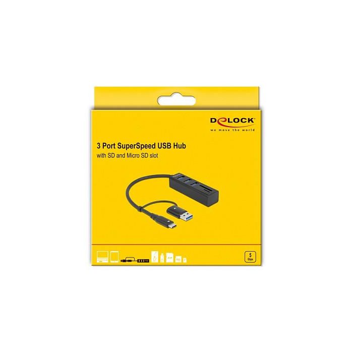 DeLOCK Concentrador USB 3.2 Gen 1 Hub 3 Puertos + Lector de Tarjetas SD y MicroSD con Conector USB Tipo-C o Tipo-A, compatible con Windows, Mac, ChromeOS 1