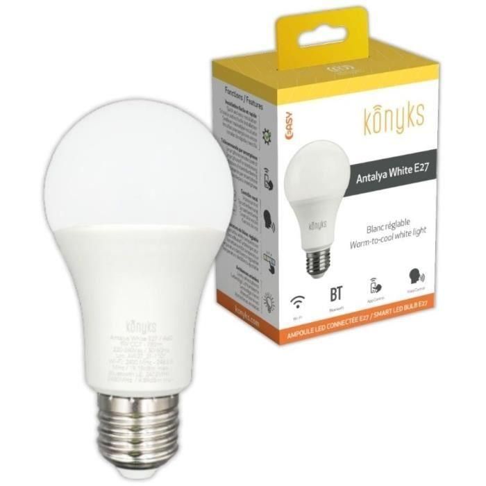 Bombilla conectada - KONYKS - Antalya Blanco E27 - LED Wifi + Bt - 780 Lúmenes - 9 W - Blanco orientable - Compatible con Alexa / Google Home