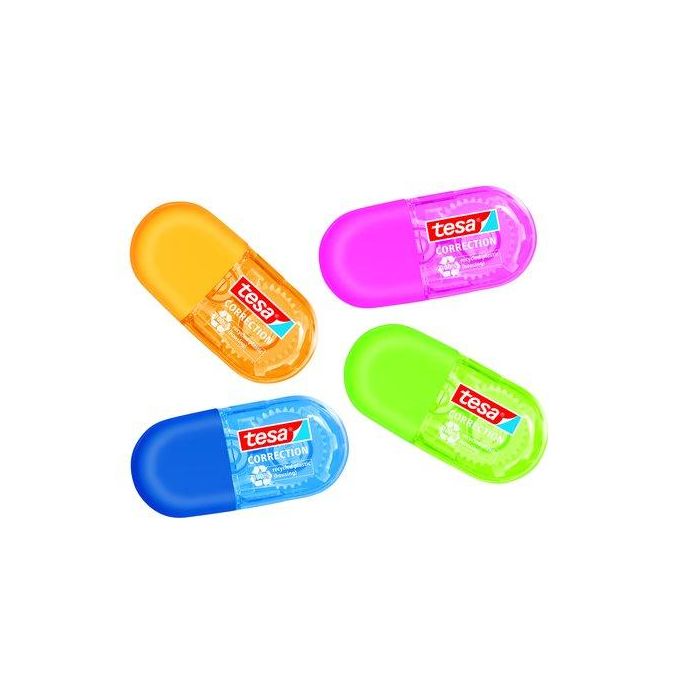 Tesa Corrector de Cinta Mini 5 mm x 6 m. Carcasa 100% Plástico Reciclado. Diseño Ergonómico. Colores Surtidos.