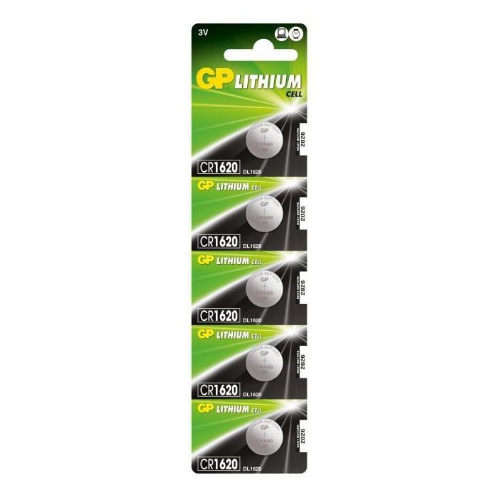 GP CR1620 Batería de Litio Tipo Botón, Pack de 5 Unidades, para Dispositivos Electrónicos Pequeños, 10 Años de Vida Útil GP CR1620 Batería de Litio Tipo Botón, Pack de 5 Unidades, para Dispositivos Electrónicos Pequeños, 10 Años de Vida Útil