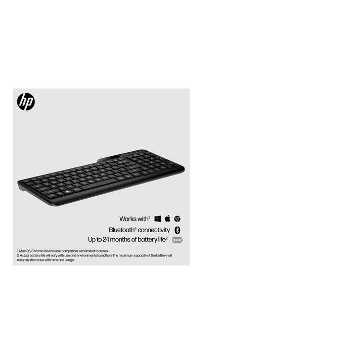 HP Compact Bluetooth keyboard supporting up to three devices, full-size layout, spill-resistant design, long battery life. 23