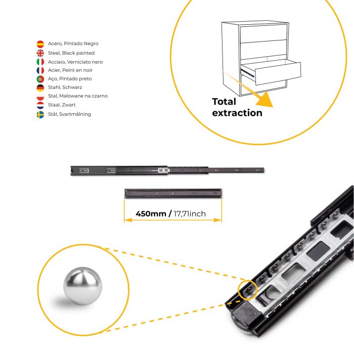 Emuca Lote de 5 juegos de guías para cajones, de bolas, altura 45mm, profundidad 450mm, extracción total, Negro 5