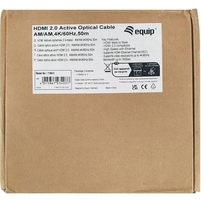 EQUIP Cable HDMI 119433 Óptico Activo 2.0, 100m, 4K 60Hz, HDR, Ethernet, Estándar A-A, Negro 3 EQUIP Cable HDMI 119433 Óptico Activo 2.0, 100m, 4K 60Hz, HDR, Ethernet, Estándar A-A, Negro 3