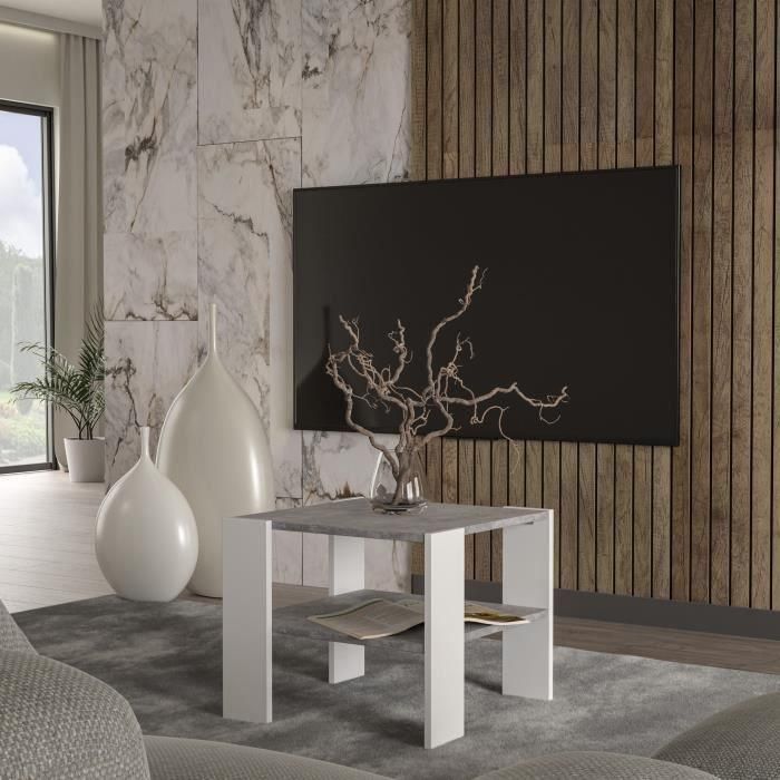 Mesa de centro PILVI con 2 bandejas - Estilo contemporáneo - Partículas de melamina - Decoración blanca y hormigón claro - L 55 x P 55 x H 45 cm