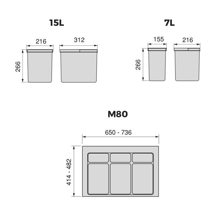 Emuca Kit de contenedores de reciclaje para cajón de cocina con base Recycle altura 266mm, 2x15litros, 2x7litros, módulo 800mm, Plástico gris antracita 5