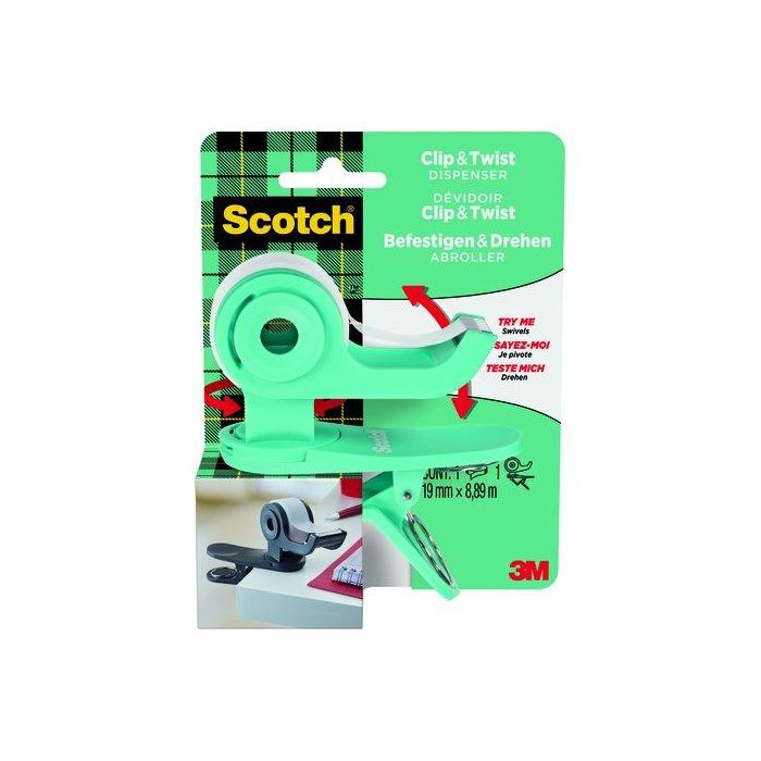 Portarrollos Scotch Clip&Twist C19 Verde Agua + Cinta Scotch Magic