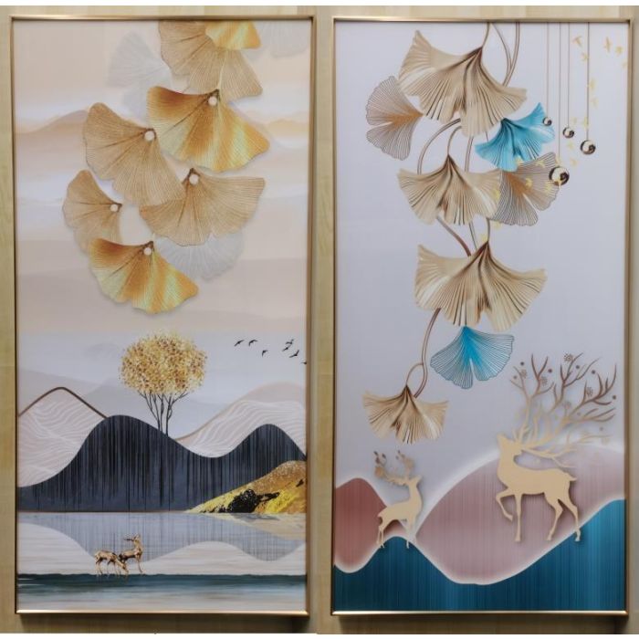 DKD Home Decor Cuadro Glam Decoración Pared, Diseño Hojas Montaña, Dorado Gris, 160x80 cm, Materiales Aluminio y MDF, Juego de 2 Unidades