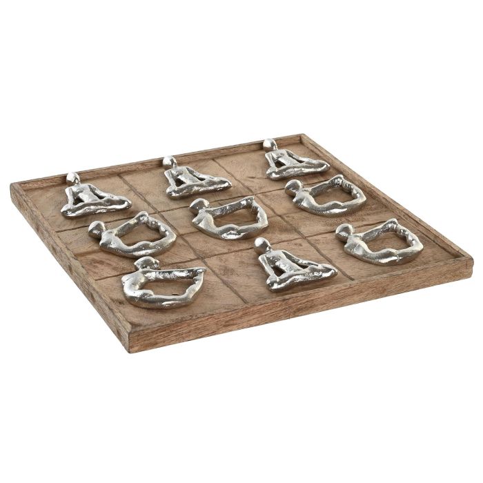 DKD Home Decor Juego de Mesa Tres en Raya Estilo Indio de Madera de Mango y Aluminio Marrón 32x32x3 cm