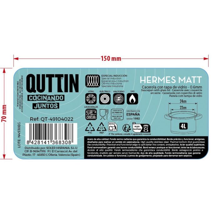 Inde Cacerola Acero Inoxidable 22 cm (4 Litros) con Tapa 'Hermes Matt' (4 Unidades)