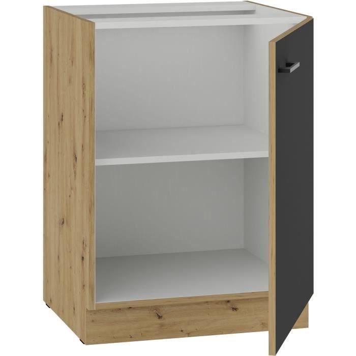 Mueble bajo - MODENA - 60 cm - 1 puerta batiente - Roble artesanal y negro mate - CUISINIER 1