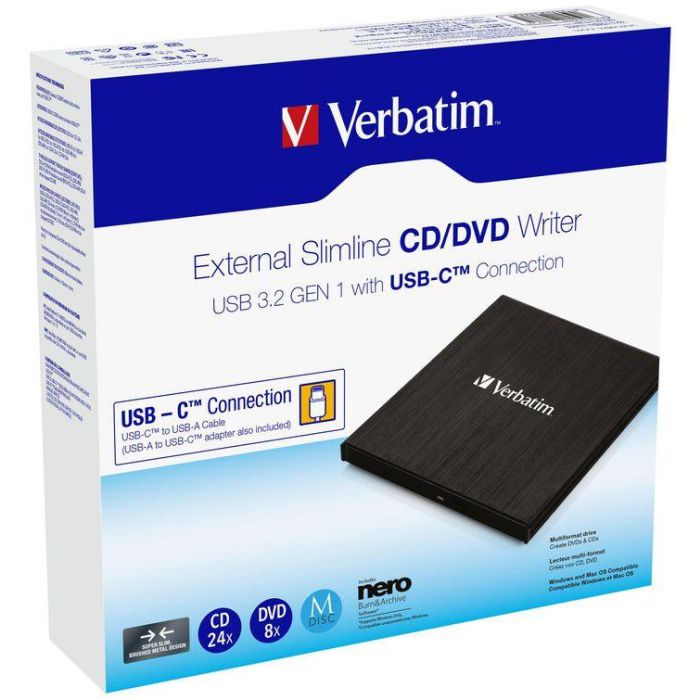 Verbatim EXTERNAL SLIMLINE CD/DVD WRITER USB 3.2 Gen 1/ USB-C 6 Verbatim EXTERNAL SLIMLINE CD/DVD WRITER USB 3.2 Gen 1/ USB-C 6