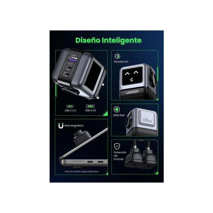 UGREEN 25685B Cargador Nexode RG 65W 3 Puertos GaN Carga Rápida Interior Gris 10