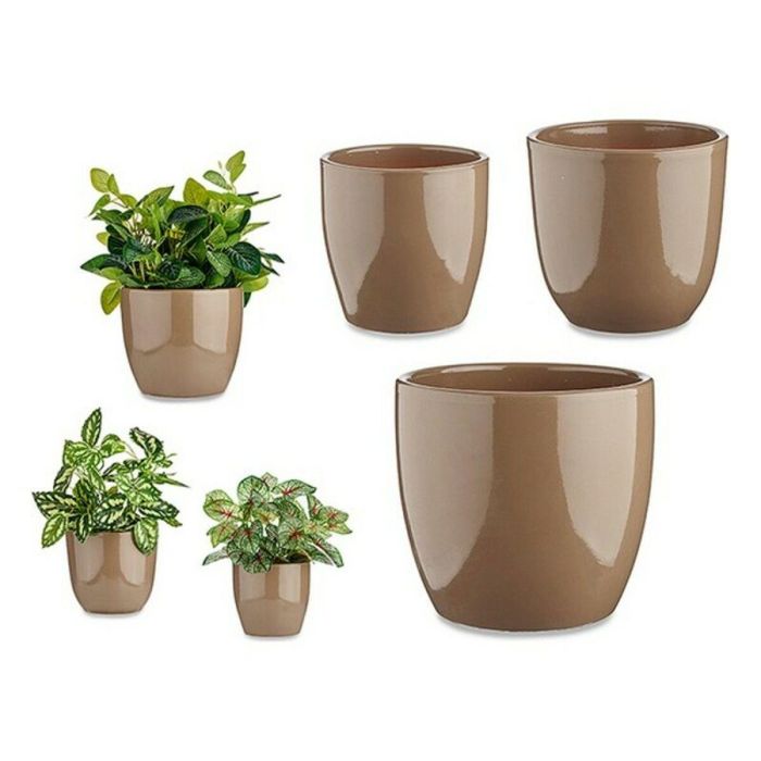 Set 3 Macetas Cerámica Abombada 14, 17, 22 cm Taupe - Ibergarden Set 3 Macetas Cerámica Abombada 14, 17, 22 cm Taupe - Ibergarden