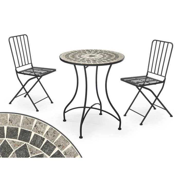 Set Mesa Mosaico Gris con 2 Sillas Forja Negra Ibergarden 100x30x65 cm Set Mesa Mosaico Gris con 2 Sillas Forja Negra Ibergarden 100x30x65 cm