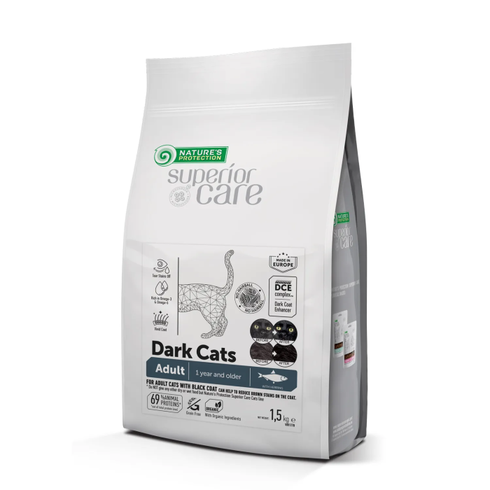 Nature's Protection Alimento para Gatos Adultos Todas las Razas Sin Grano con Arenque para Pelaje Oscuro 1.5 kg