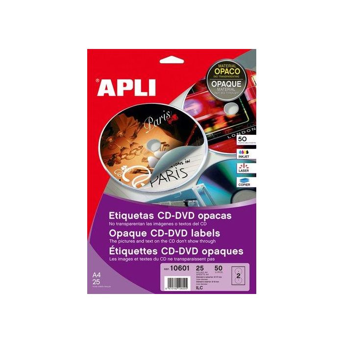 Etiquetas Adh.Impr.Apli A4 Multimed.Cd-Dvd Mega Blister 25H Dorso Opaco Ø Ext.117 E Int.18 Mm 50 Uds.(10601)