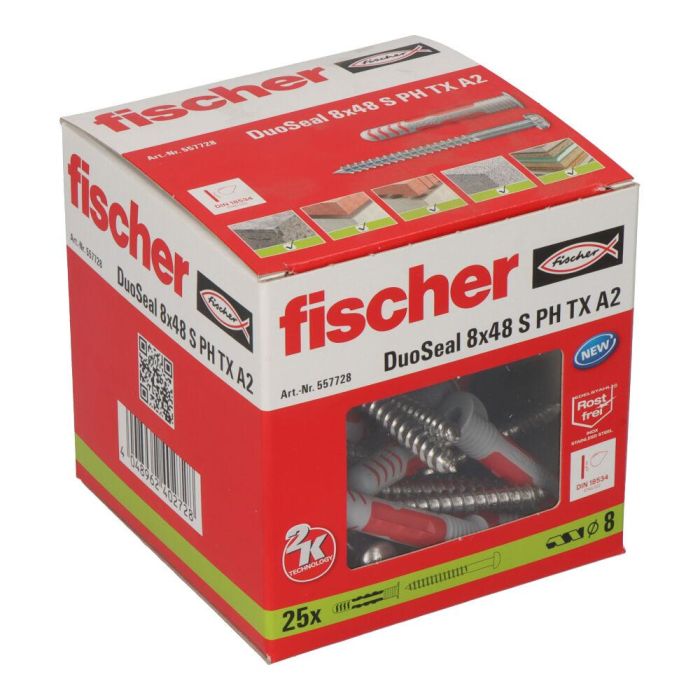 Fischer Tacos Estanco Duoseal ø8x48mm + Tornillos ø6x70mm. Para Zonas Húmedas. Cert. ETAG 022 DIN 18534. Pack 25 uds 1 Fischer Tacos Estanco Duoseal ø8x48mm + Tornillos ø6x70mm. Para Zonas Húmedas. Cert. ETAG 022 DIN 18534. Pack 25 uds 1