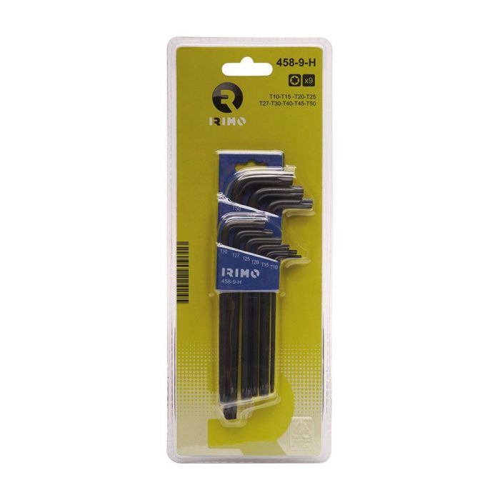 Irimo Juego de 9 Llaves Allen Acodadas Torx® T10-T50 en Estuche Petaca, Ref. 458-9-H, Largas, Pavonadas, con Medida Grabada por Láser