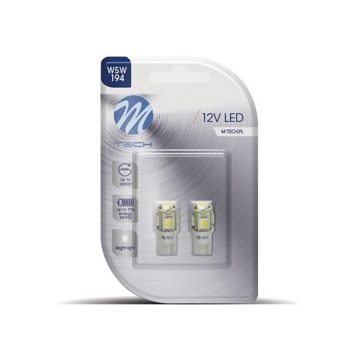 M-Tech MTECLB054W Blister 2x Bombillas LED W5W 12V Blanco 5x SMD5050 para Posición, Interior, Matrícula y Cuadro