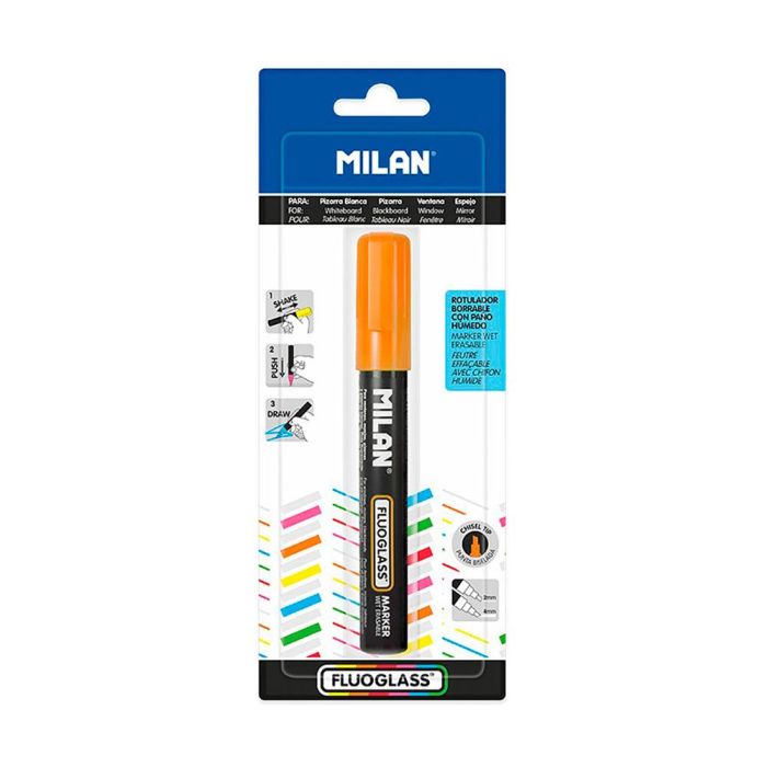 Milán Rotulador Borrable Fluoglass 2 Punta Biselada 2-4mm Naranja para Superficies Lisas 1