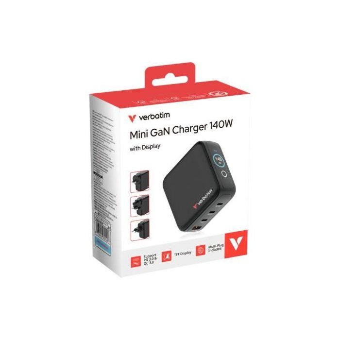 Verbatim Cargador de Pared Universal GaN Mini 140W con Pantalla, 3xUSB-C, 1xUSB-A, Universal 100-240V, Ref. 30240 4 Verbatim Cargador de Pared Universal GaN Mini 140W con Pantalla, 3xUSB-C, 1xUSB-A, Universal 100-240V, Ref. 30240 4