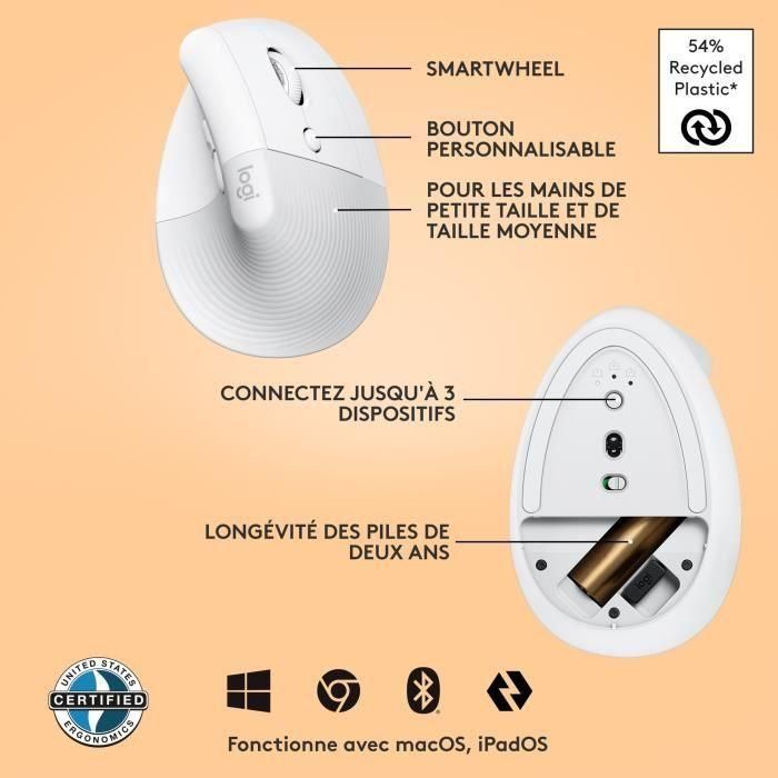 Ratón Inalámbrico Logitech Lift Blanco Ergonómico 4000 dpi 5