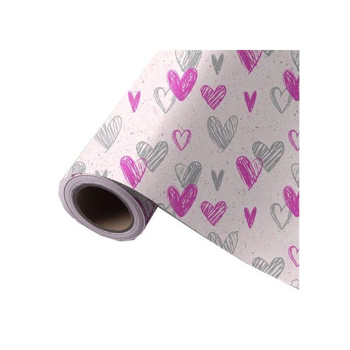 Papel De Regalo Bobina Wonder Wrapper Caña De Azucar 62 Cm X 85 M (4 Kg Aprox.) Todo Año Corazones Rosa Y Gris