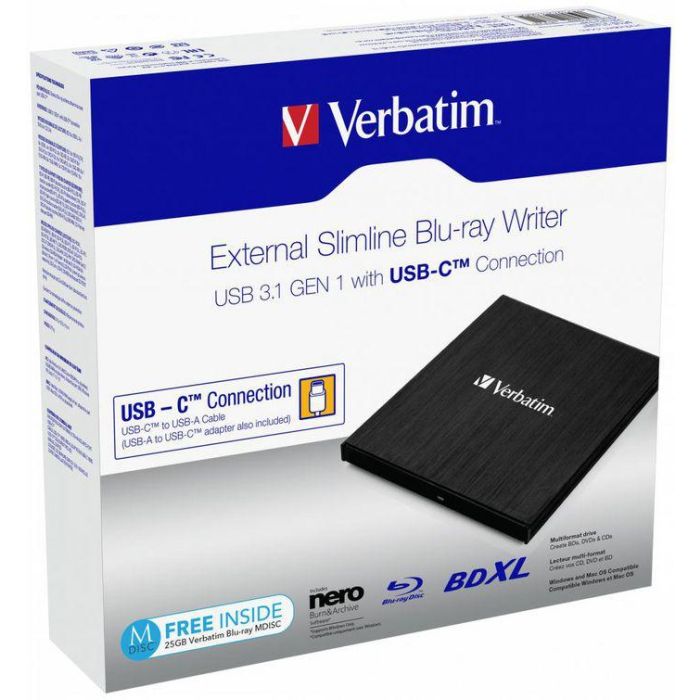 Verbatim External Slimline Blu-ray writer, USB 3.1 Gen 1 Type C 2