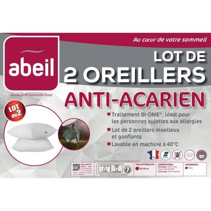 Abeil Set 2 Almohadas Antiácaros Suaves 100% Algodón Orgánico Tratamiento Biome® Antibacterias y Antimoho 60x60 cm 4