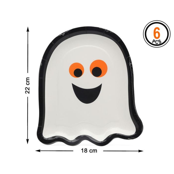 Pack De 6 Platos Fantasma Blanco 18x22 cm Para Fiestas De Halloween