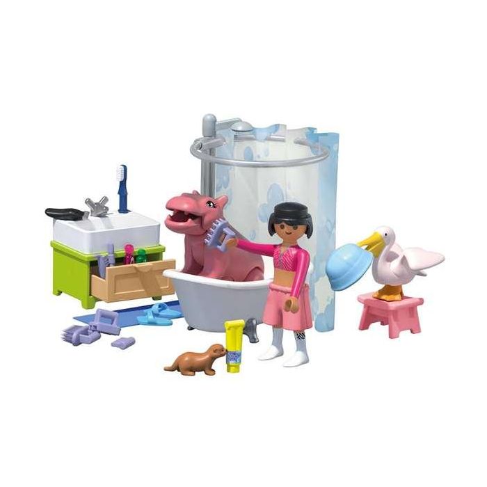 Playmobil Divertido Baño de Animales 1-2-3 - Figura de Mujer, Hipopótamo Bebé, Pelícano, Nutria, Accesorios, Edad Mínima 3 Años, Plástico 2