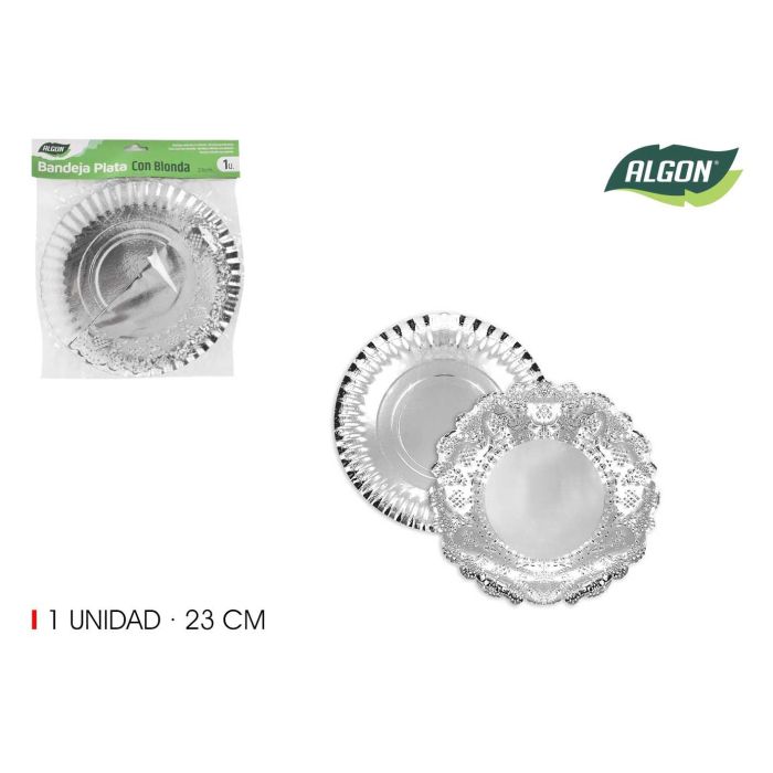 Bandeja redonda de plata con blonda, 23 cm - Algon (48 Unidades) Bandeja redonda de plata con blonda, 23 cm - Algon (48 Unidades)