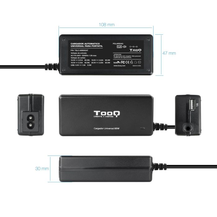 Cargador de Portátil TooQ TQLC-65BS02AT/ 65W/ Automático/ 8 Conectores/ Voltaje 18.5-20V/ 1 USB 3 Cargador de Portátil TooQ TQLC-65BS02AT/ 65W/ Automático/ 8 Conectores/ Voltaje 18.5-20V/ 1 USB 3