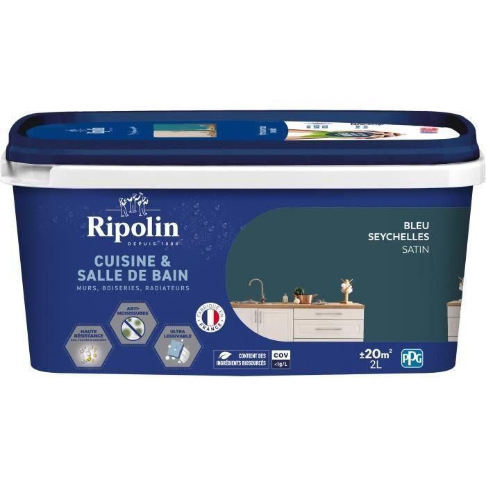 Pintura paredes, carpintería, techos, radiadores - RIPOLIN - Cocina y baño - 2 L - Azul Seychelles Pintura paredes, carpintería, techos, radiadores - RIPOLIN - Cocina y baño - 2 L - Azul Seychelles