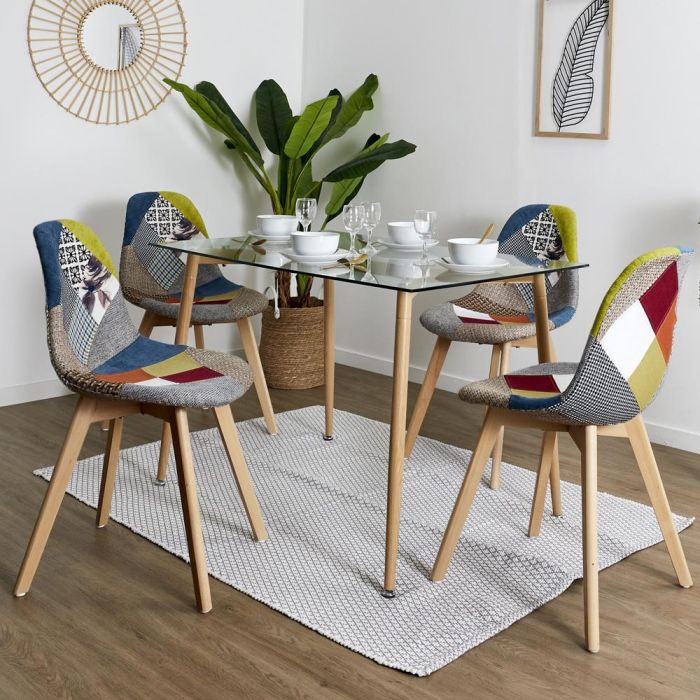 Home Deco Factory Silla Patchwork Diseño Escandinavo Patas Madera Asiento Tela 87x54x47 cm 5