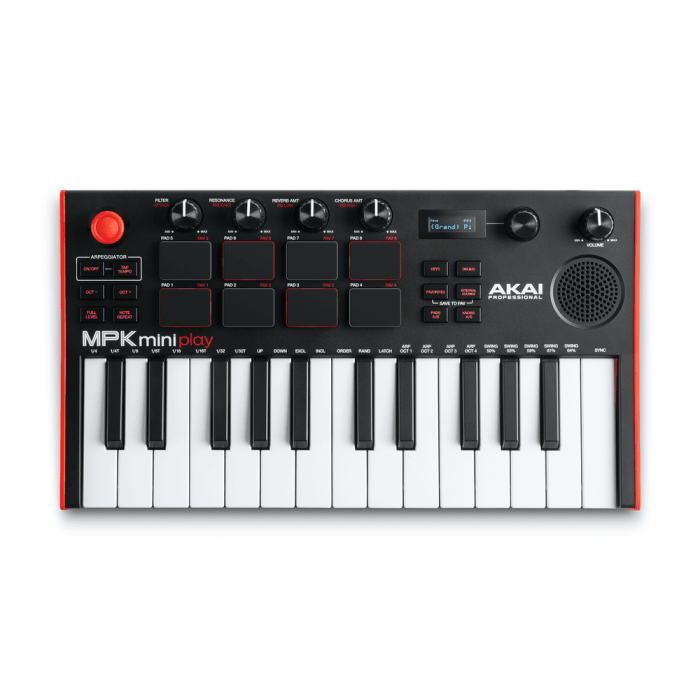 Akai MPK Miniplay Mk3 Teclado Controlador USB con Altavoz Integrado, 25 Miniteclas Sensibles a la Velocidad, Pads MPC Retroiluminados, Pantalla OLED y Arpegiador