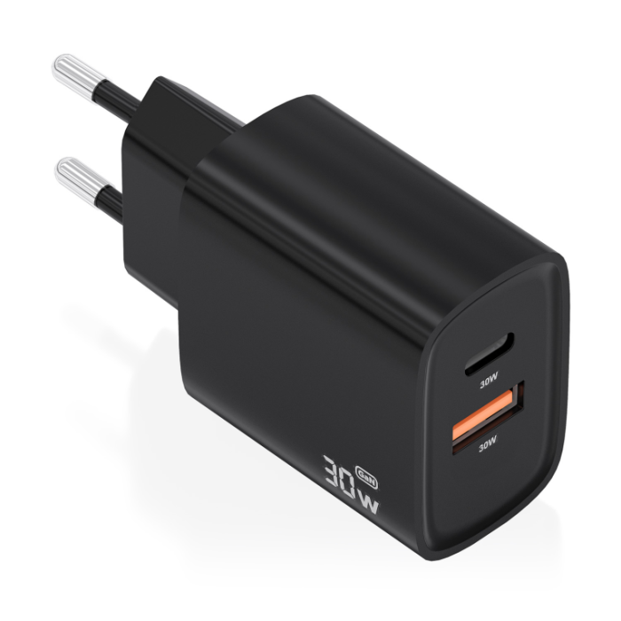 Aisens A110-0953 Cargador de Pared GaN 30W con 1xUSB Tipo-C PD3.0 QC4.0 y 1xUSB-A QC3.0 Negro
