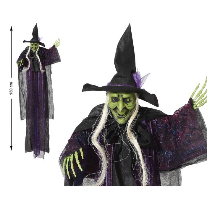 Decoración Colgante Bruja Verde Con Vestido Morado Y Sombrero 130 cm Halloween