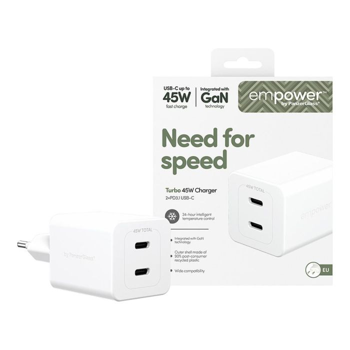 PanzerGlass empower GaN Turbo Charge Cargador Rápido 45W con 2 Puertos USB-C, Enchufe UE, Color Blanco Plata 1
