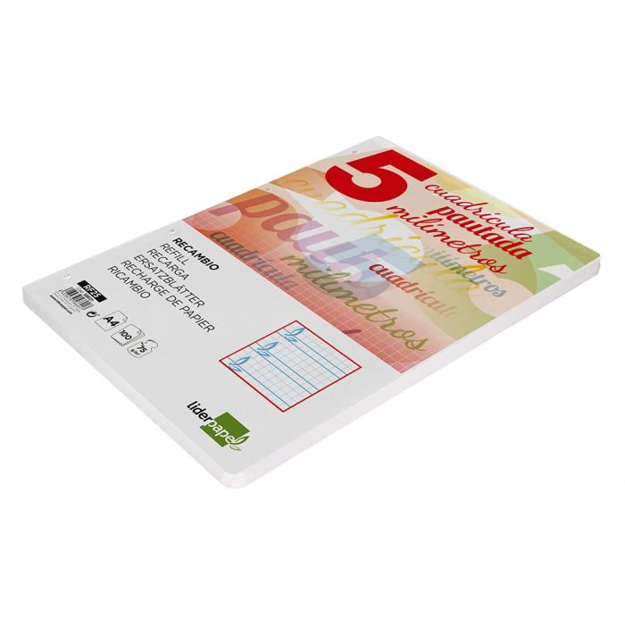 Liderpapel Recambio A4 Pautaguia 100 Hojas 75gr Cuadriculado Pautado 5mm Con Margen 4 Taladros 4