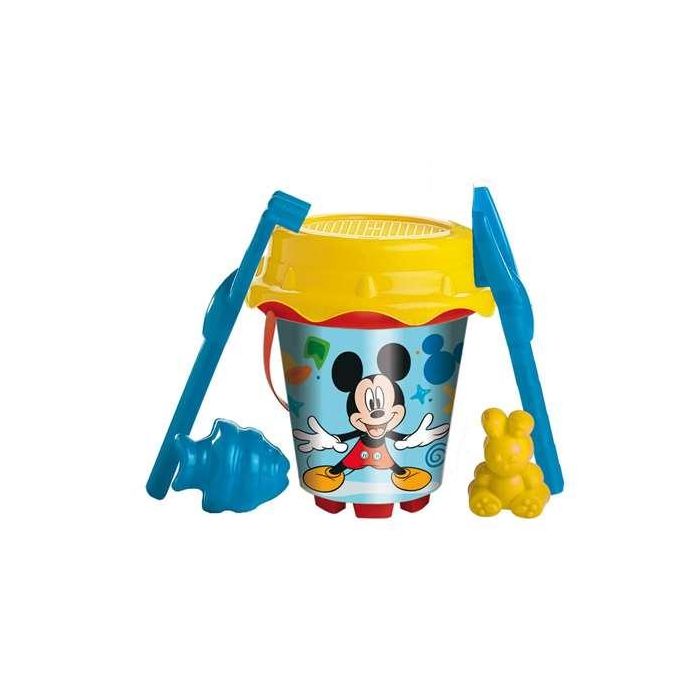 Cubo playa castillo mickey con cedazo, pala rastrillo y moldes 18 cm