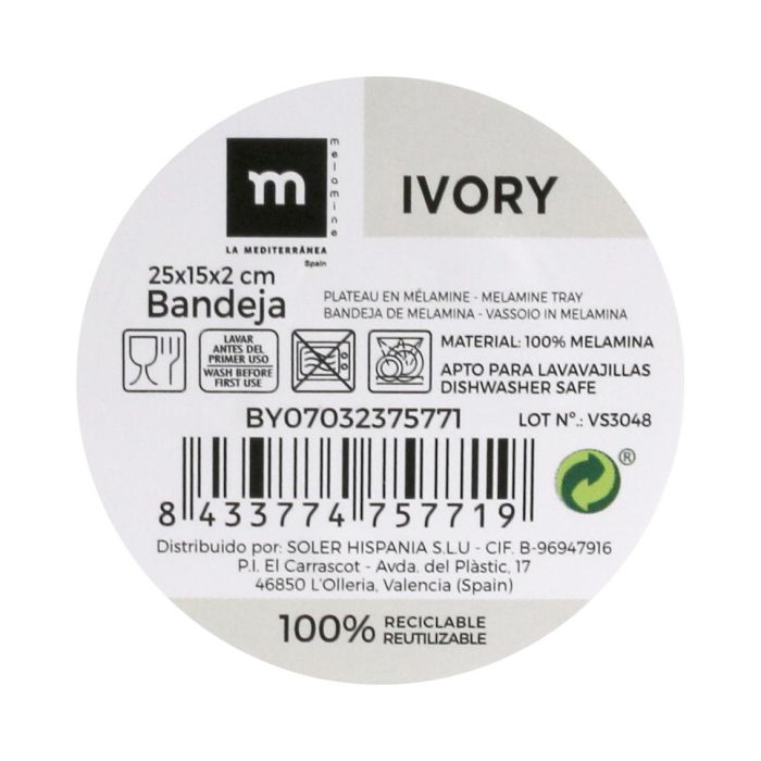 La Mediterranea Bandeja Melamina Ivory 25 x 15 x 2 cm (12 Unidades) 1
