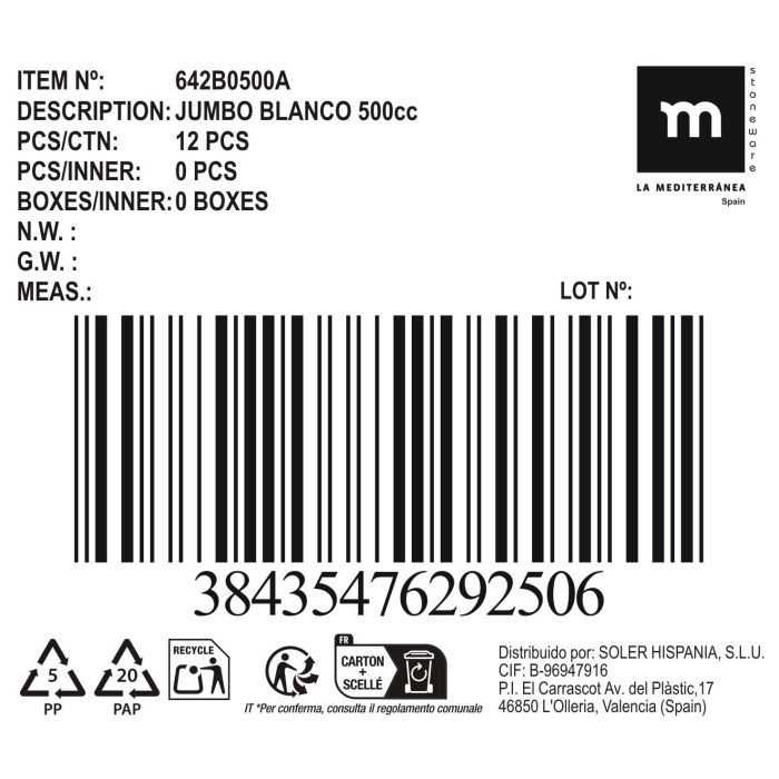 Inde Jumbo Blanca 500Cc Ø11.5x15x8.2 cm (12 Unidades) 1