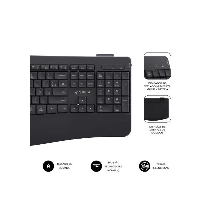 Subblim COMBO DUAL OFFICE PROWAVE BLACK - Pack Teclado y Ratón Ergonómicos Inalámbricos Multidispositivo, Bluetooth 5.3 y USB 2.4G, Recargables, Negro 4