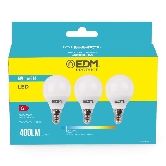 Kit 3 bombillas esfericas led e14 5w 400lm 6400k luz fria ø4,5x8cm edm 1