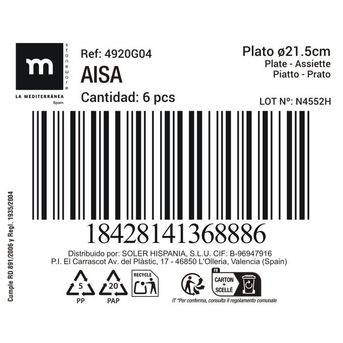 La Mediterranea Plato Pasta o Postre 'Aisa', Diametro 21.5 cm, Material Ceramica, Profundidad 1.5 cm, Peso 12.10 kg por Caja (24 Unidades) La Mediterranea Plato Pasta o Postre 'Aisa', Diametro 21.5 cm, Material Ceramica, Profundidad 1.5 cm, Peso 12.10 kg por Caja (24 Unidades)