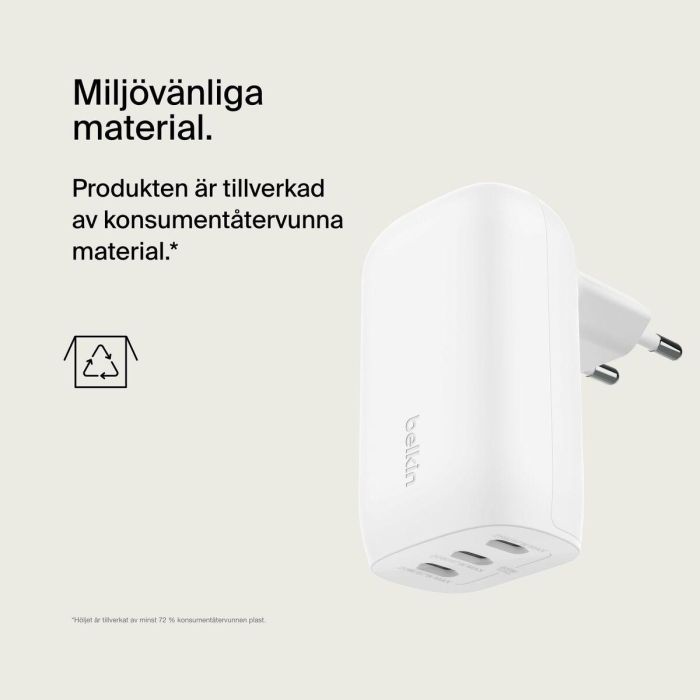 Belkin WCC002VFWH - Cargador 67W con 3 puertos USB-C, Carga Rápida para Portátil, Smartphone, Tableta, Interior, Blanco 1 Belkin WCC002VFWH - Cargador 67W con 3 puertos USB-C, Carga Rápida para Portátil, Smartphone, Tableta, Interior, Blanco 1